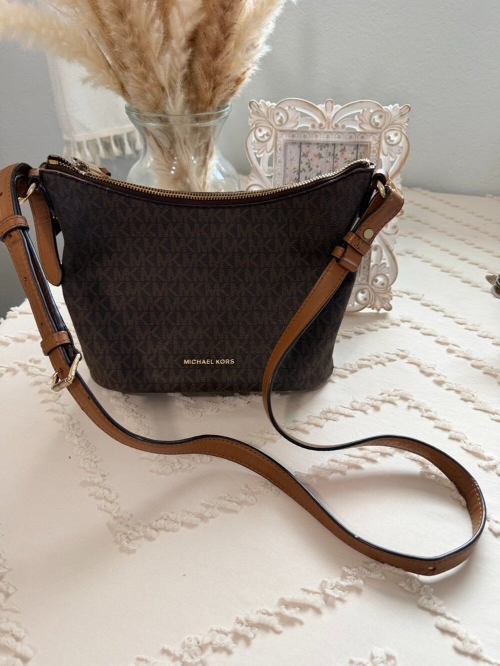 Michael Kors Signature Lupita Brown and Acorn Crossbody Medium Messenger Bag